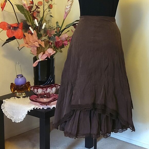 NWT Women Brown 3-Layers of Tiered Ruffle Lace Design Midi Skirt L 12 - Picture 5 of 12